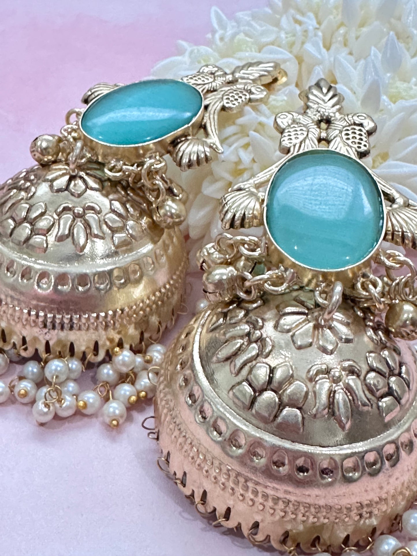 Teal Stone Chumki Earrings