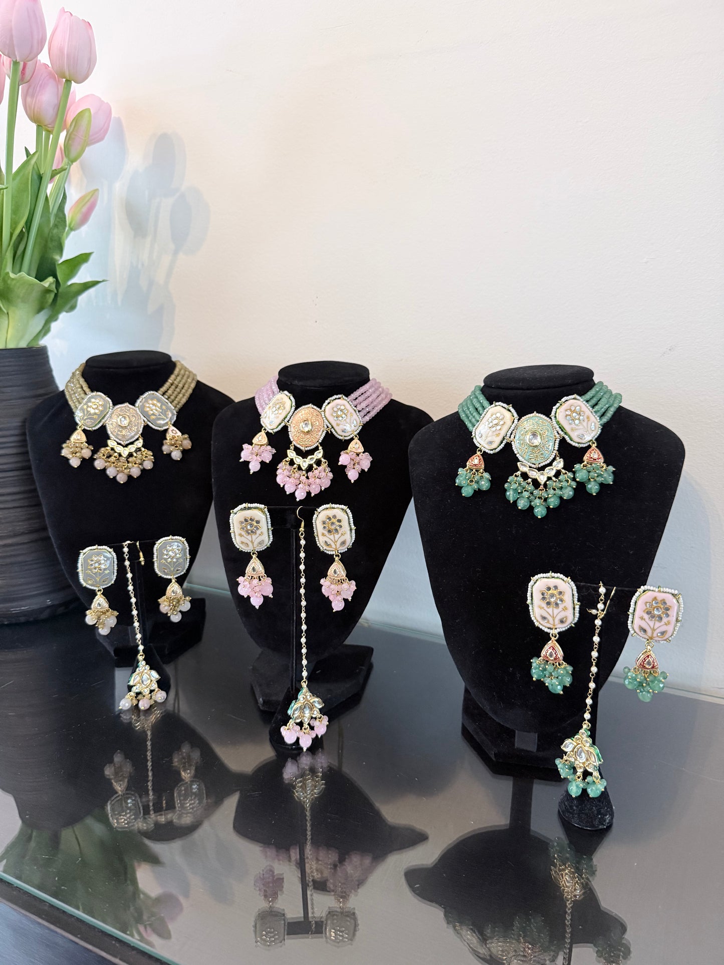 Elegant Gray Meenakari Set with Tikka