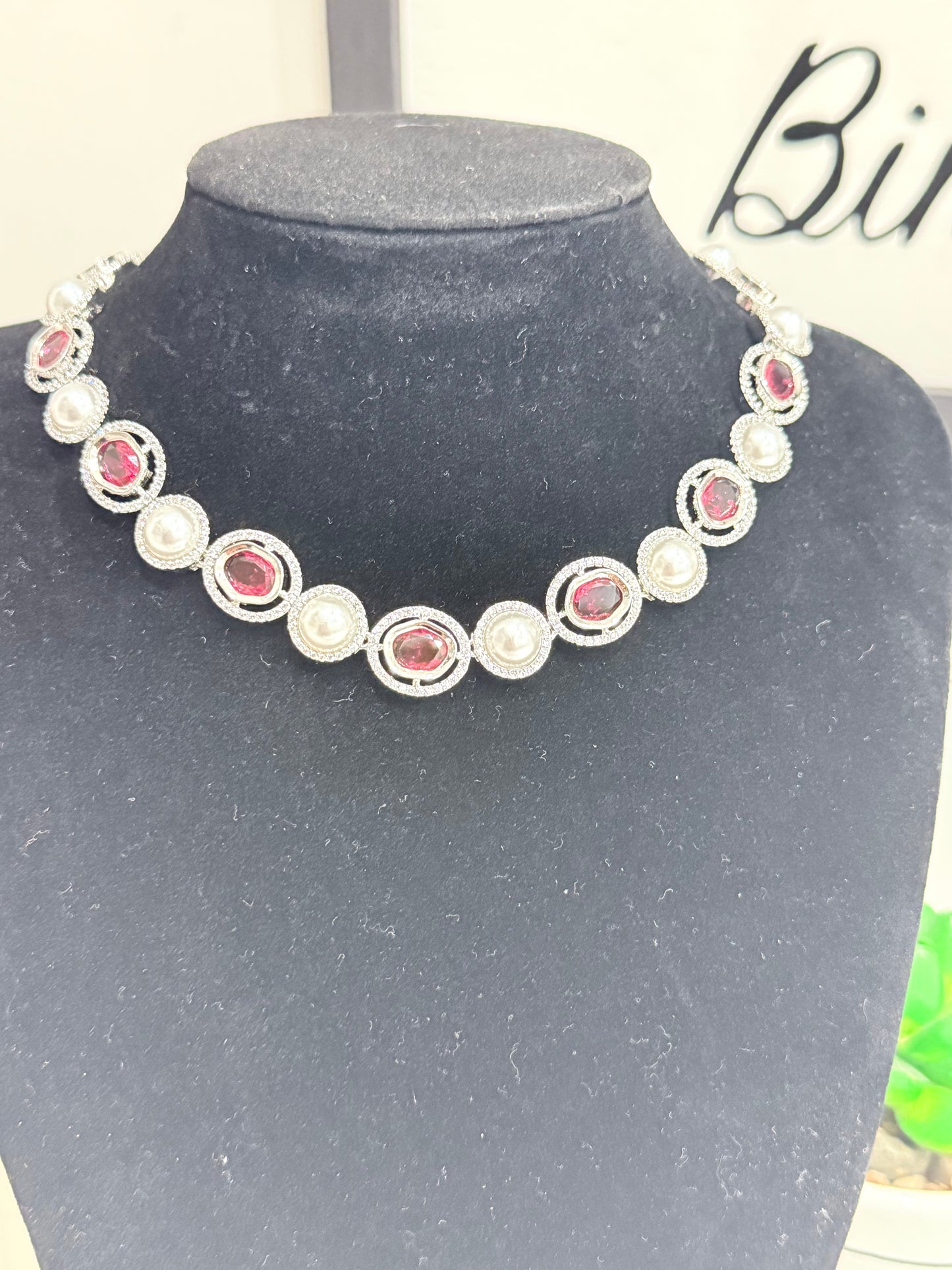 Silver Set with Pink Stones and Pearls