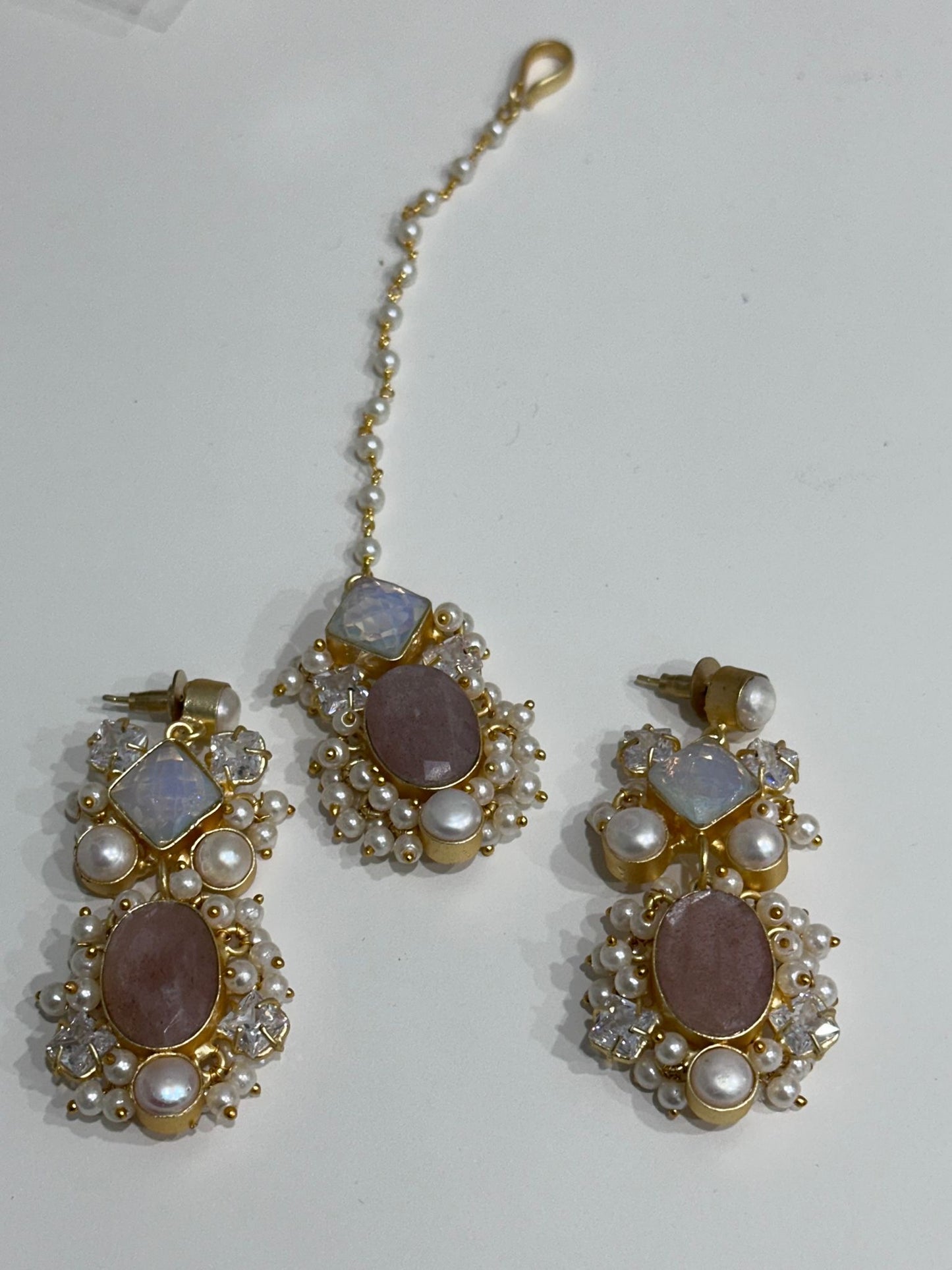 Pink and Gray Stone Earring and Tikka Set