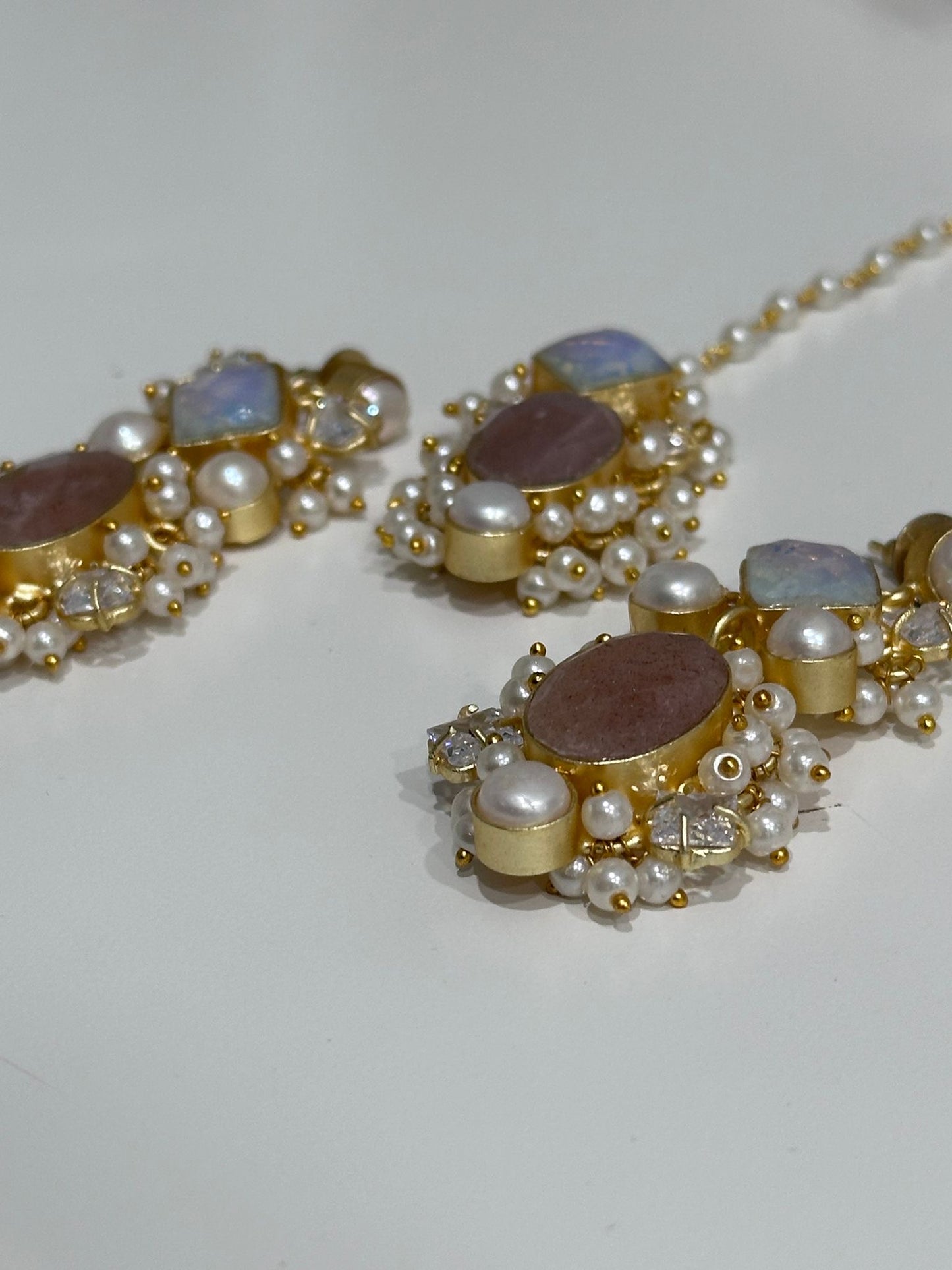 Pink and Gray Stone Earring and Tikka Set