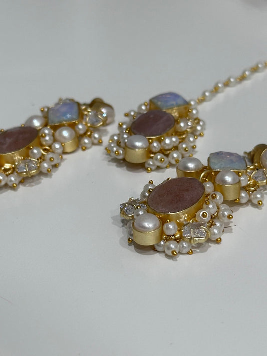 Pink and Gray Stone Earring and Tikka Set