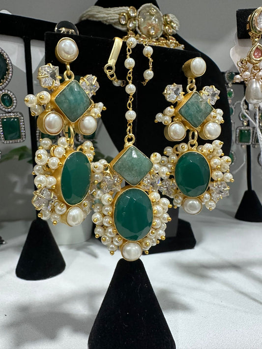Green Stone Earring and Tikka Set