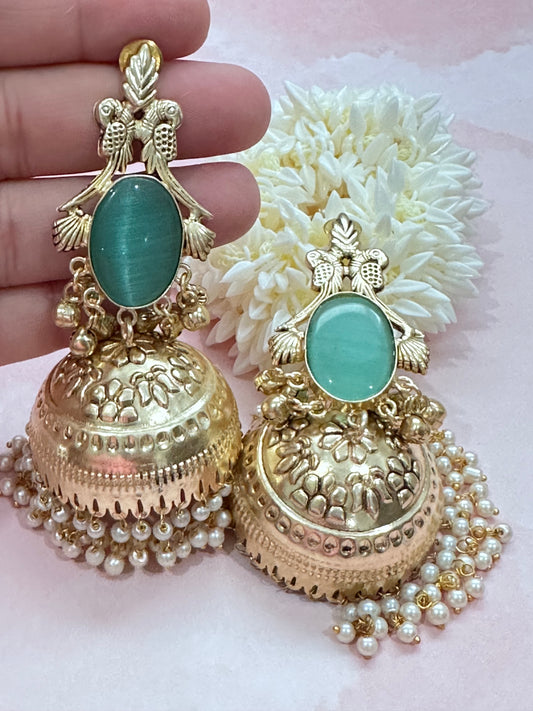 Teal Stone Chumki Earrings