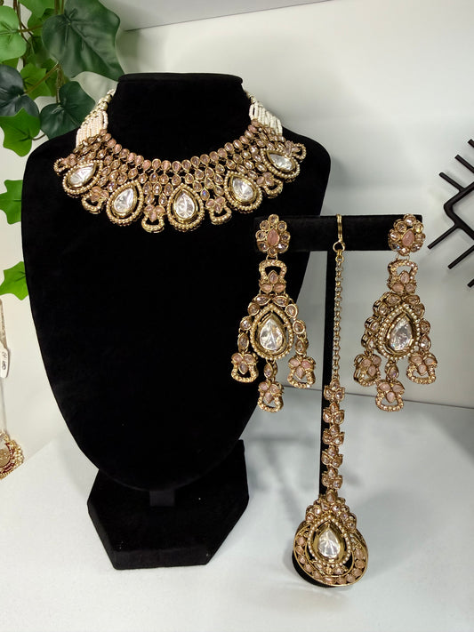 Beautiful Champagne Pink Stone Set with Tikka