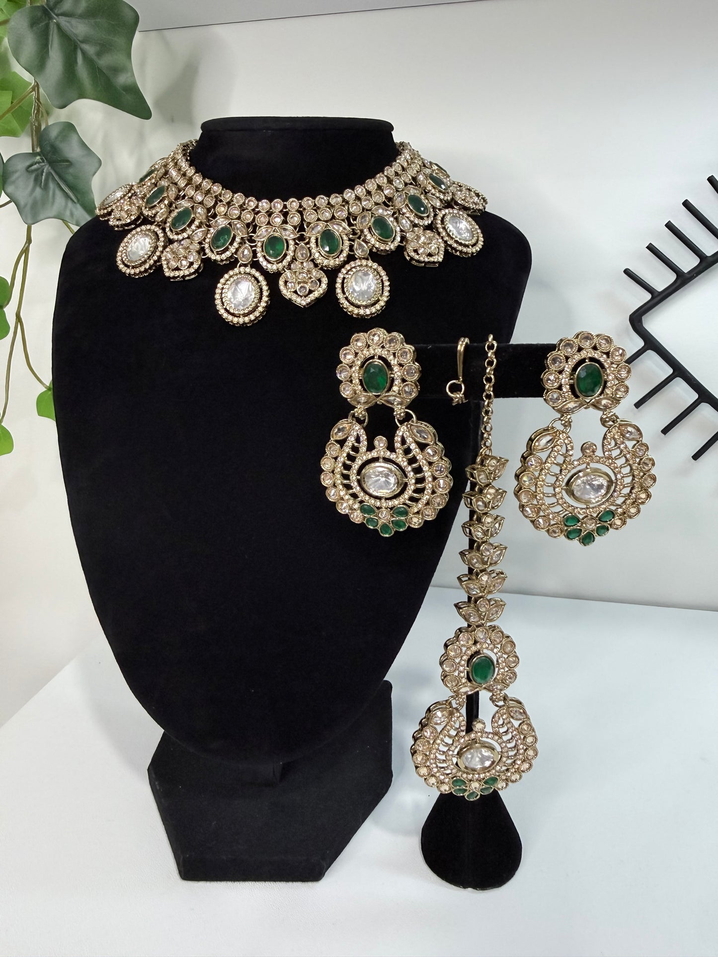 Statement Green and Clear Stone Set with Tikka