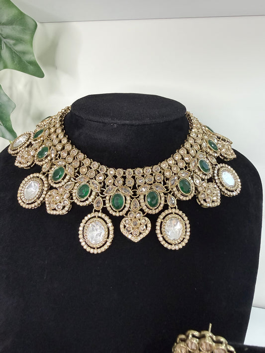 Statement Green and Clear Stone Set with Tikka