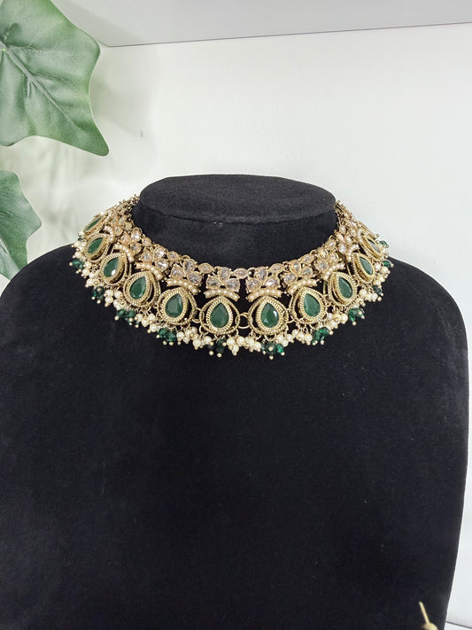 Green Stone Choker Set with Tikka