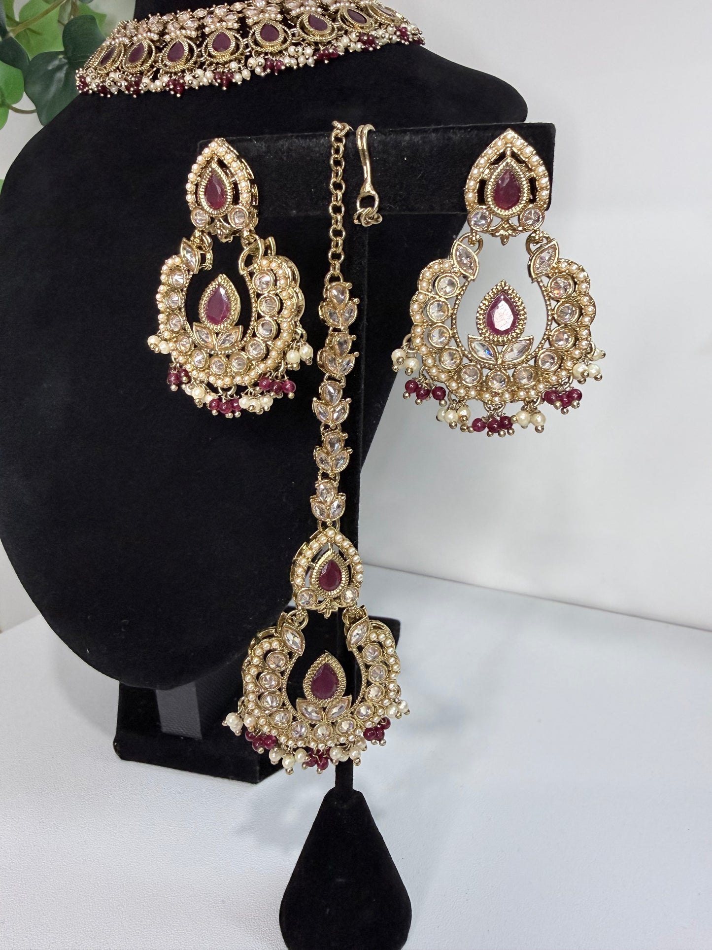 Maroon Stone Choker Set with Tikka