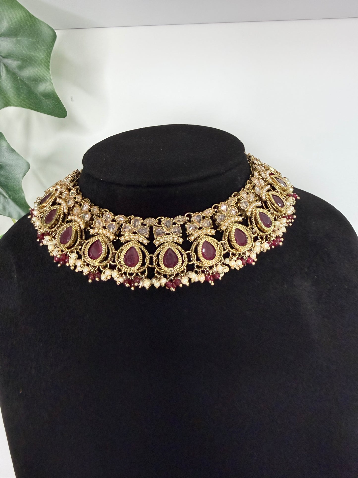 Maroon Stone Choker Set with Tikka