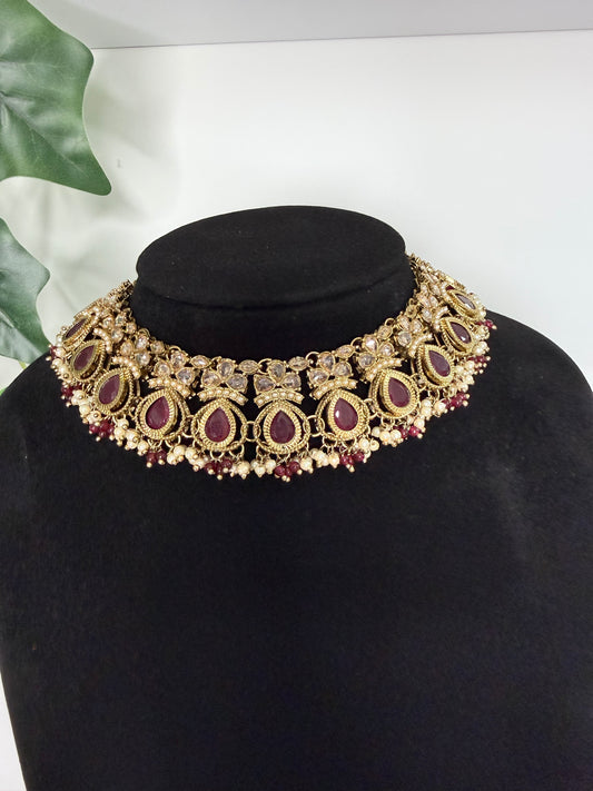 Maroon Stone Choker Set with Tikka