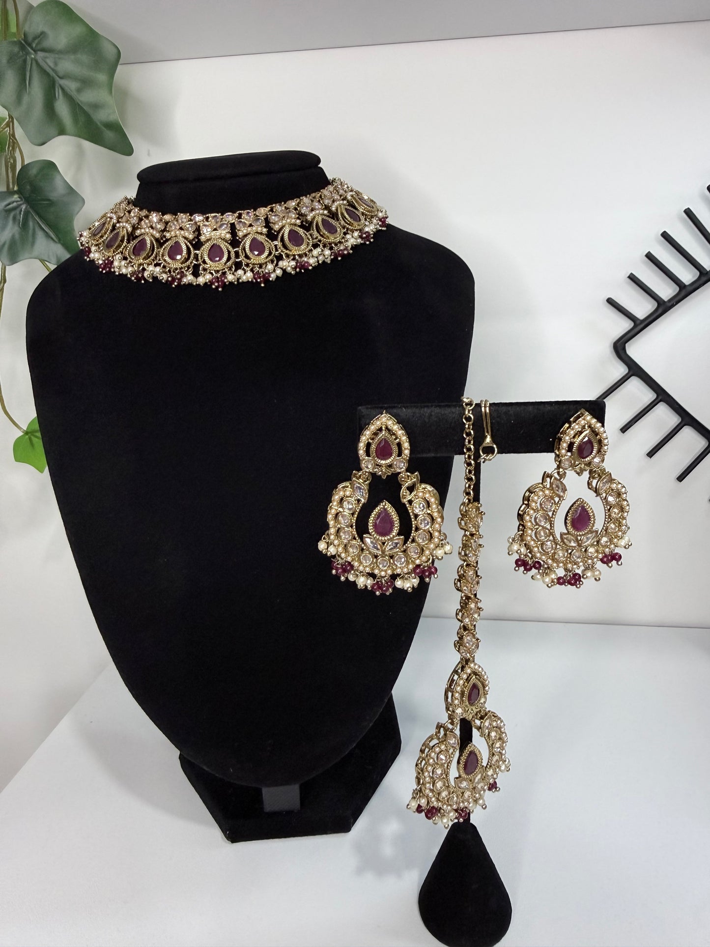 Maroon Stone Choker Set with Tikka
