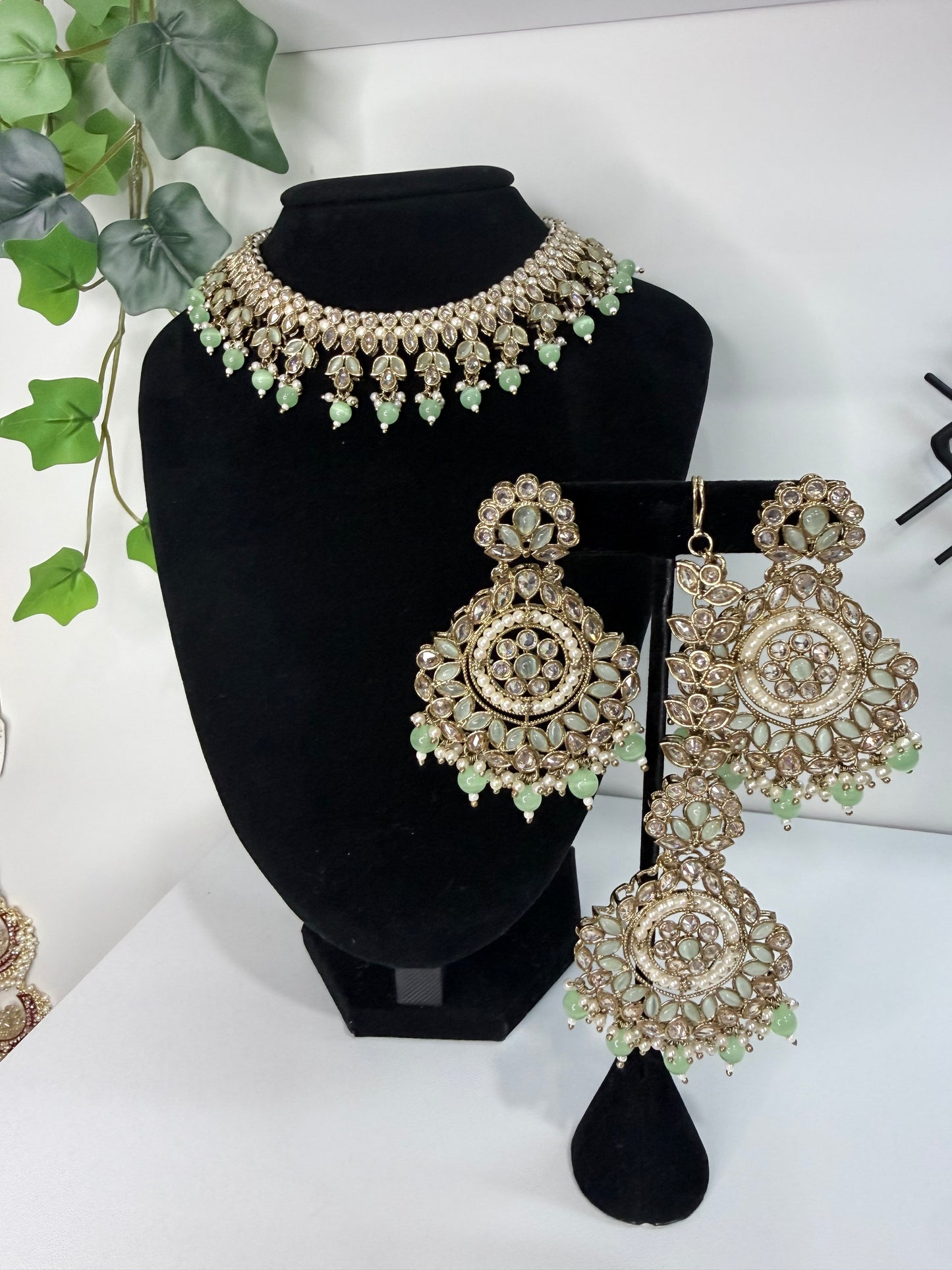 Pastel Green Stone Set with Statement Earrings and Tikka