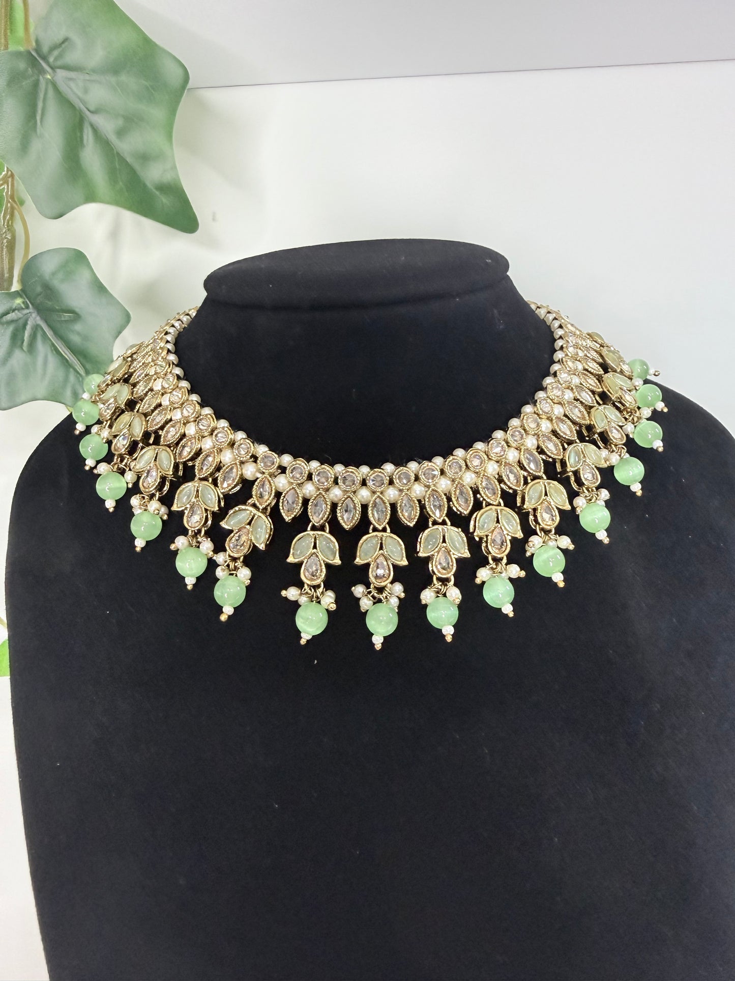 Pastel Green Stone Set with Statement Earrings and Tikka