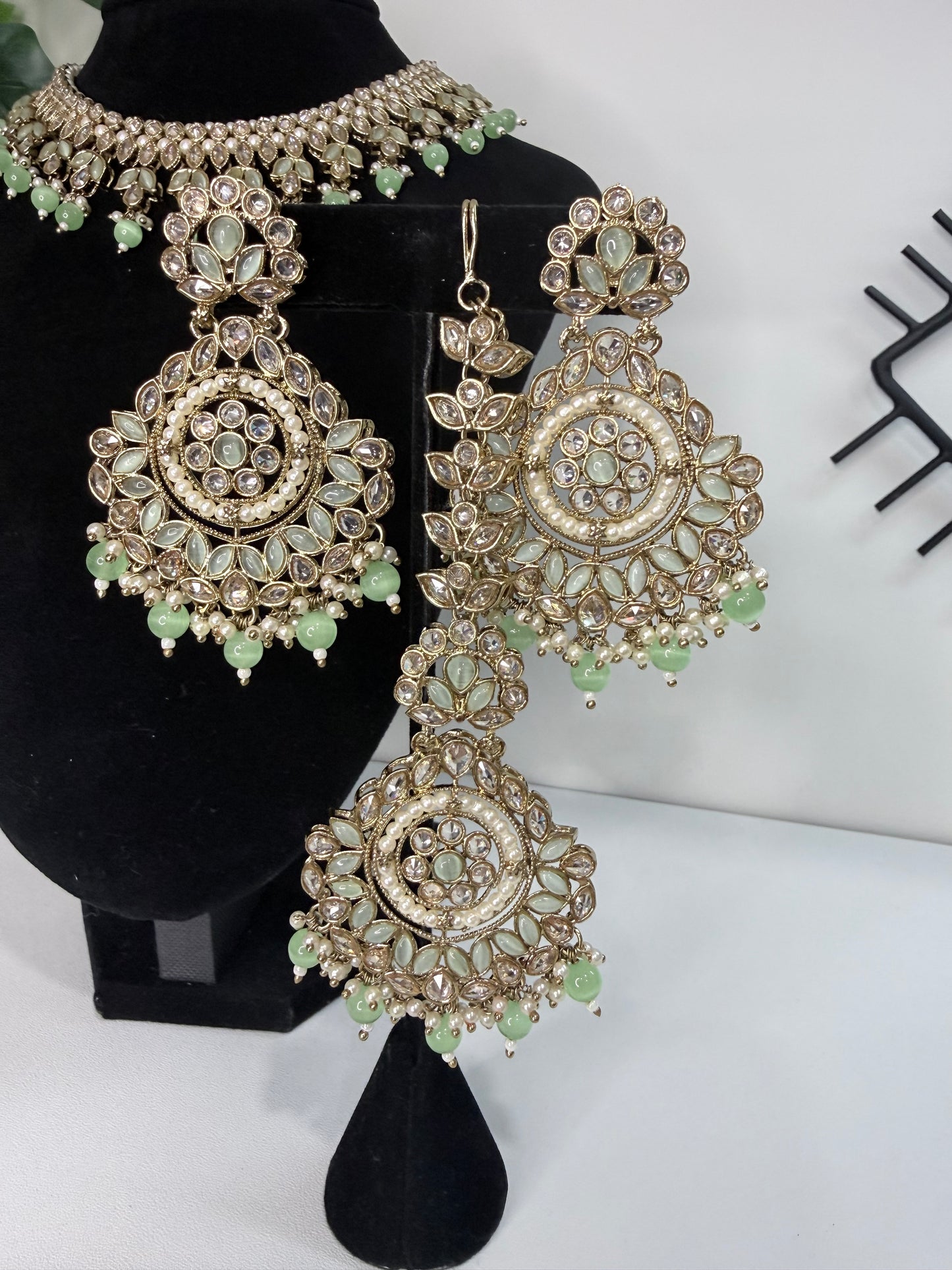 Pastel Green Stone Set with Statement Earrings and Tikka