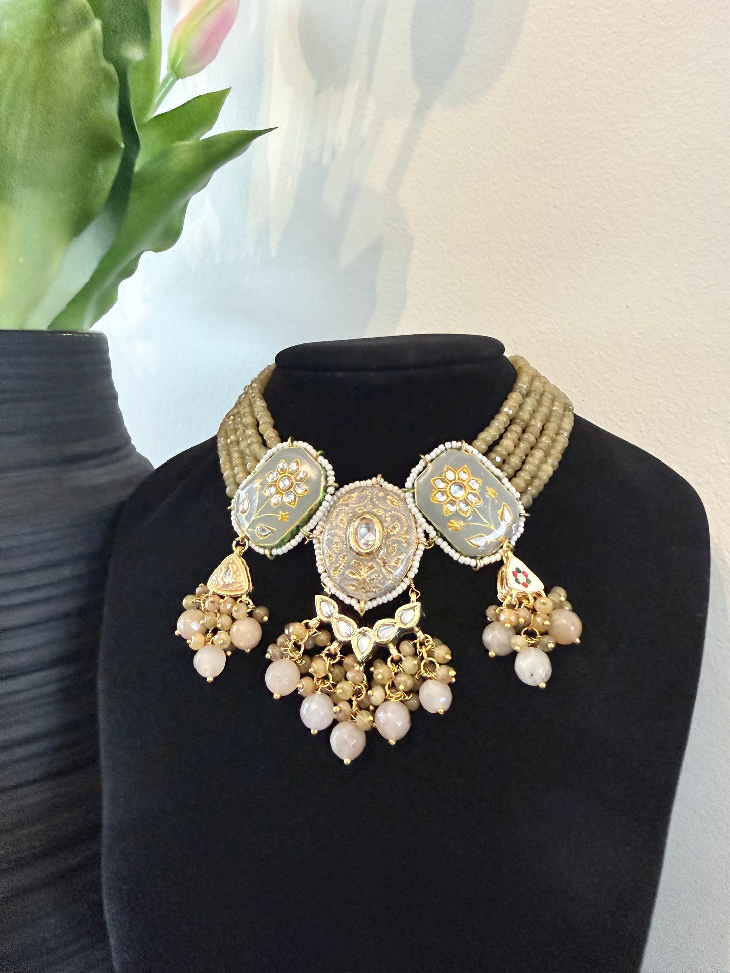 Elegant Gray Meenakari Set with Tikka