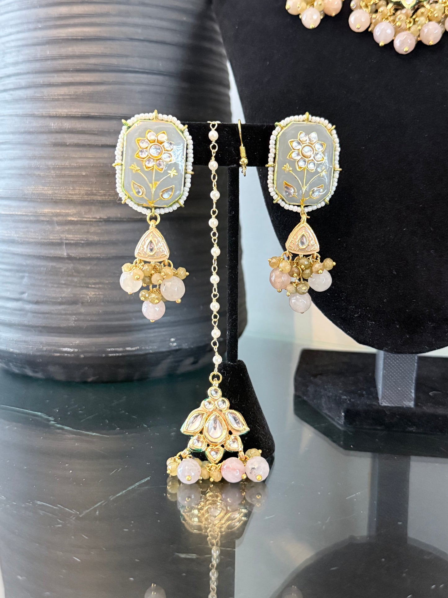 Elegant Gray Meenakari Set with Tikka