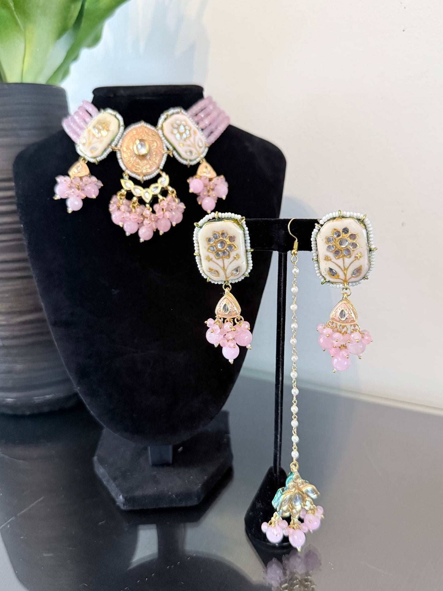 Elegant Pink Meenakari Set with Tikka