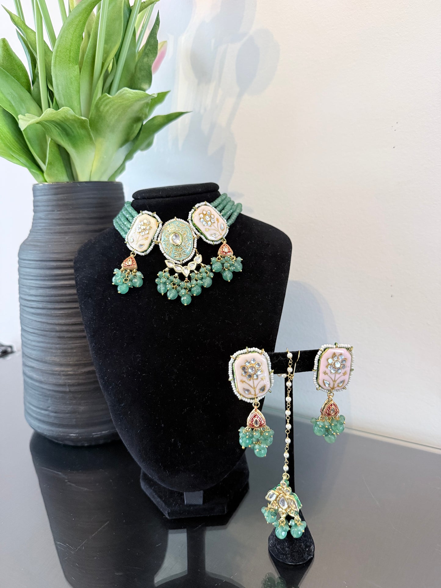 Elegant Green Meenakari Set with Tikka