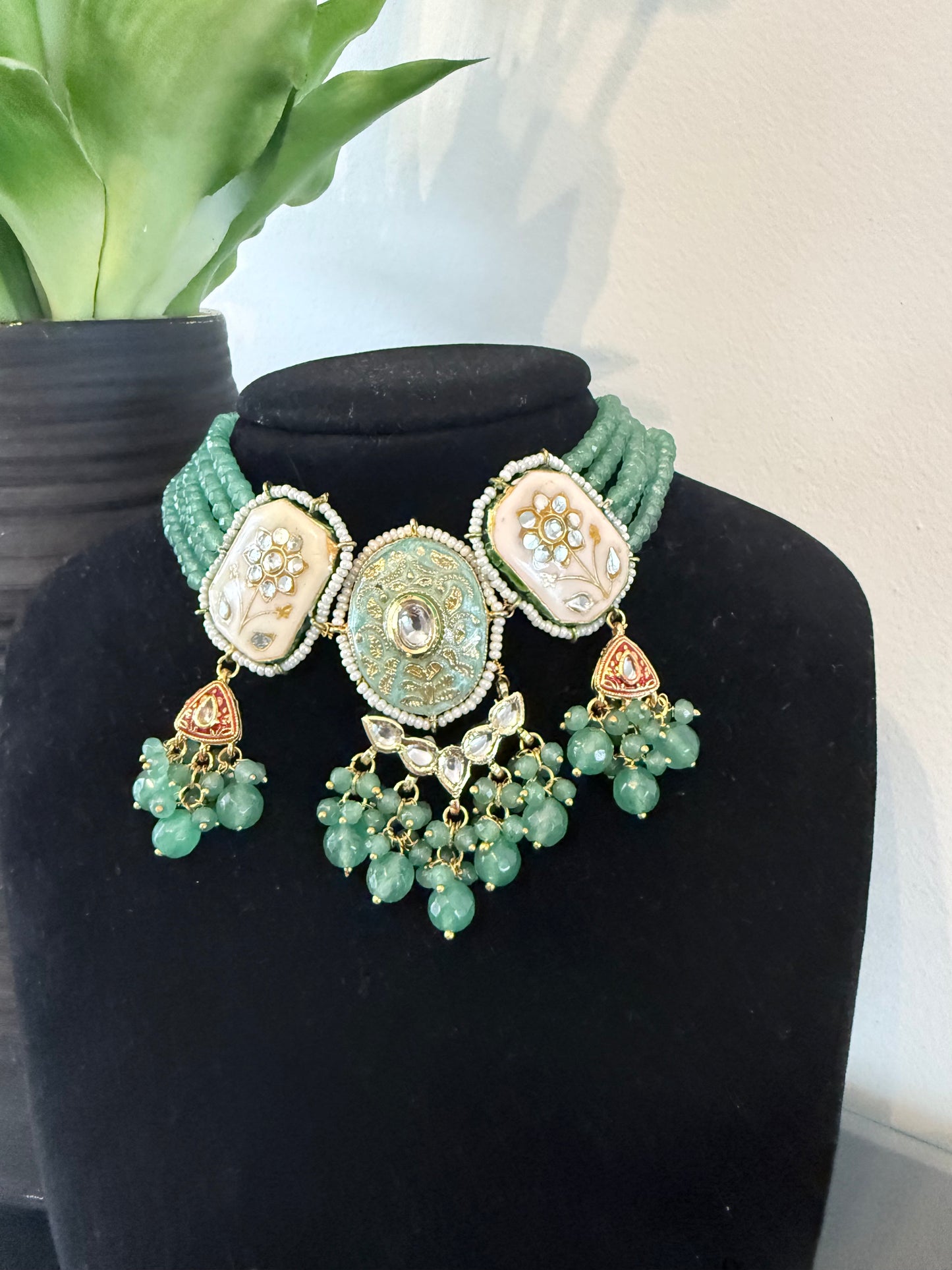 Elegant Green Meenakari Set with Tikka