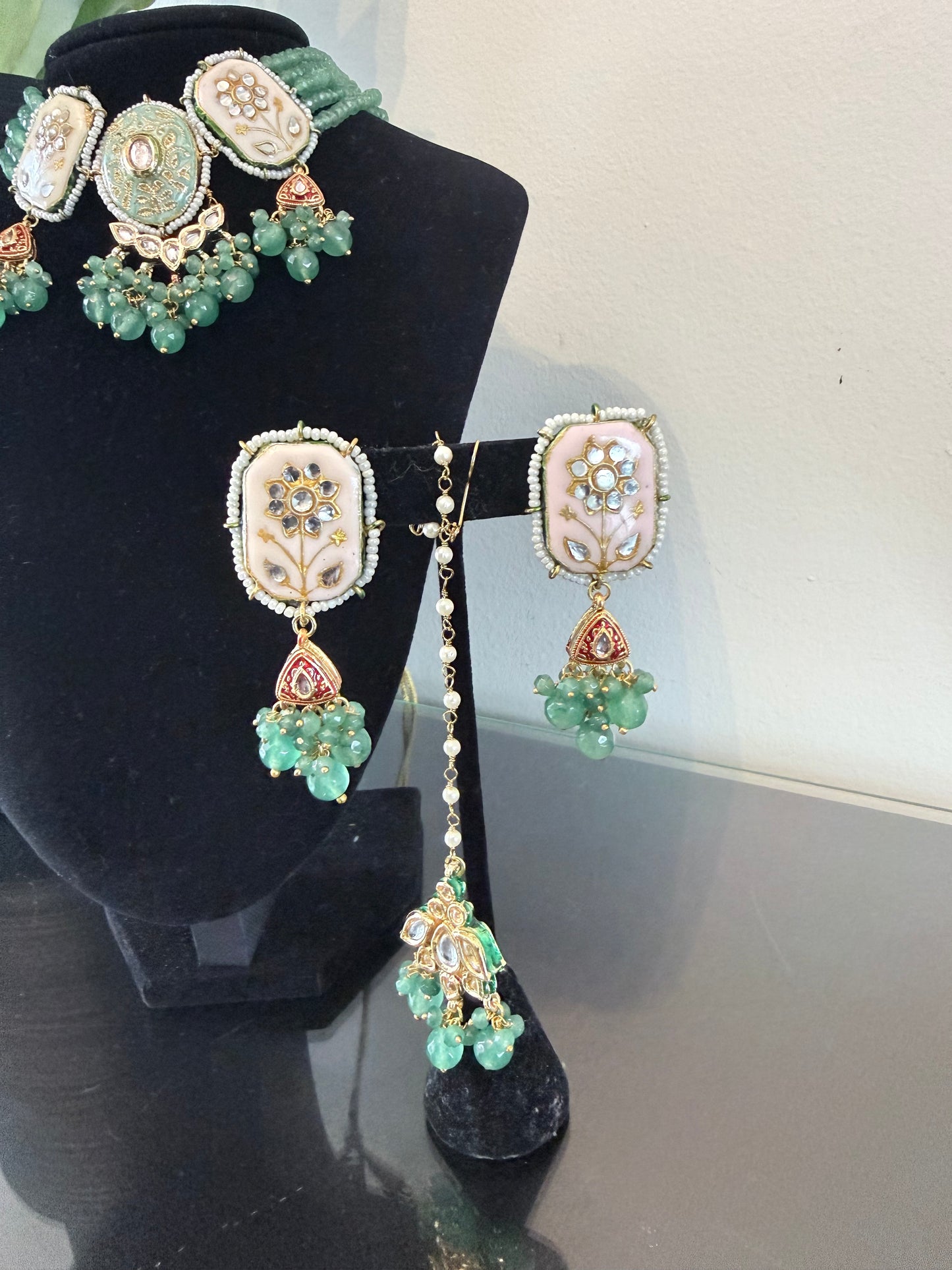 Elegant Green Meenakari Set with Tikka