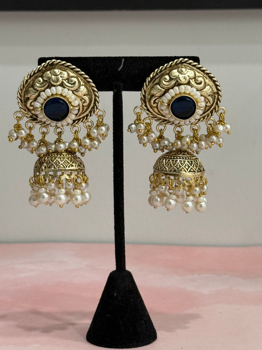 Gold & Midnight Blue Stone Chumki Earrings