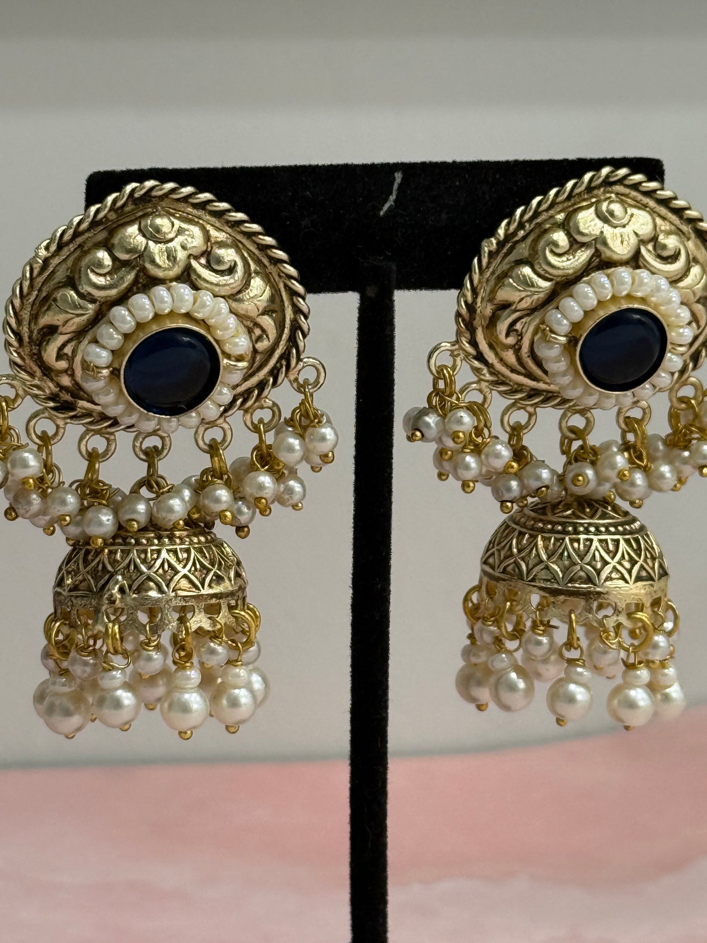 Gold & Midnight Blue Stone Chumki Earrings