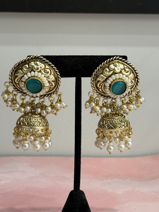 Gold & Blue Stone Chumki Earrings
