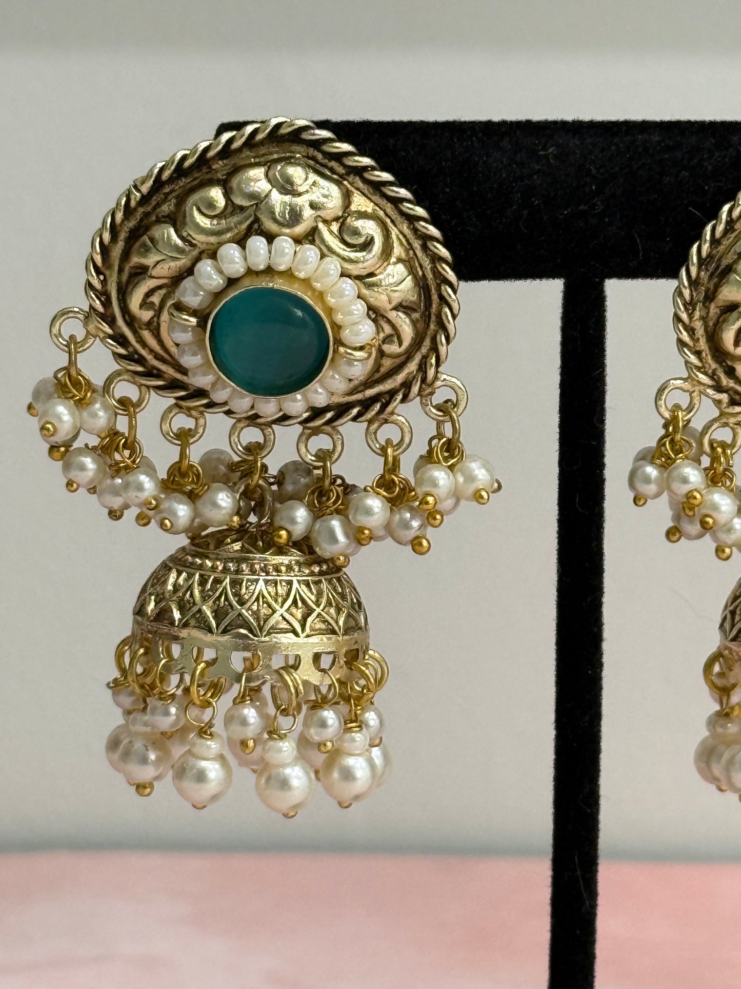 Gold & Blue Stone Chumki Earrings