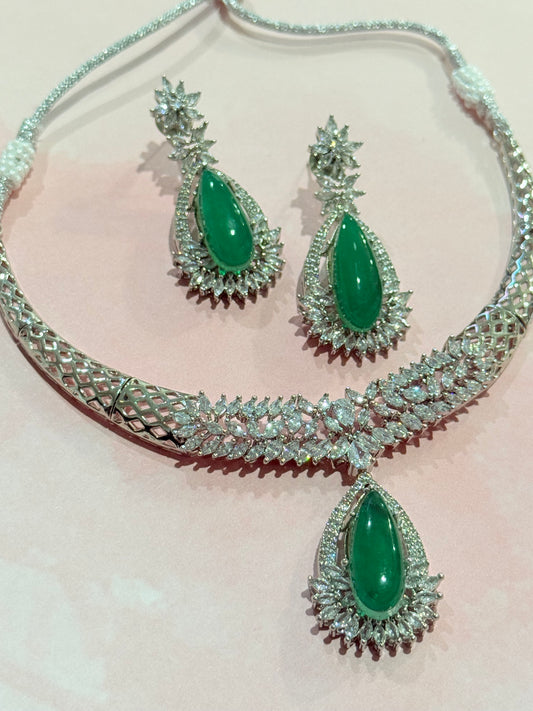 Silver & Green Pendant Drop Set