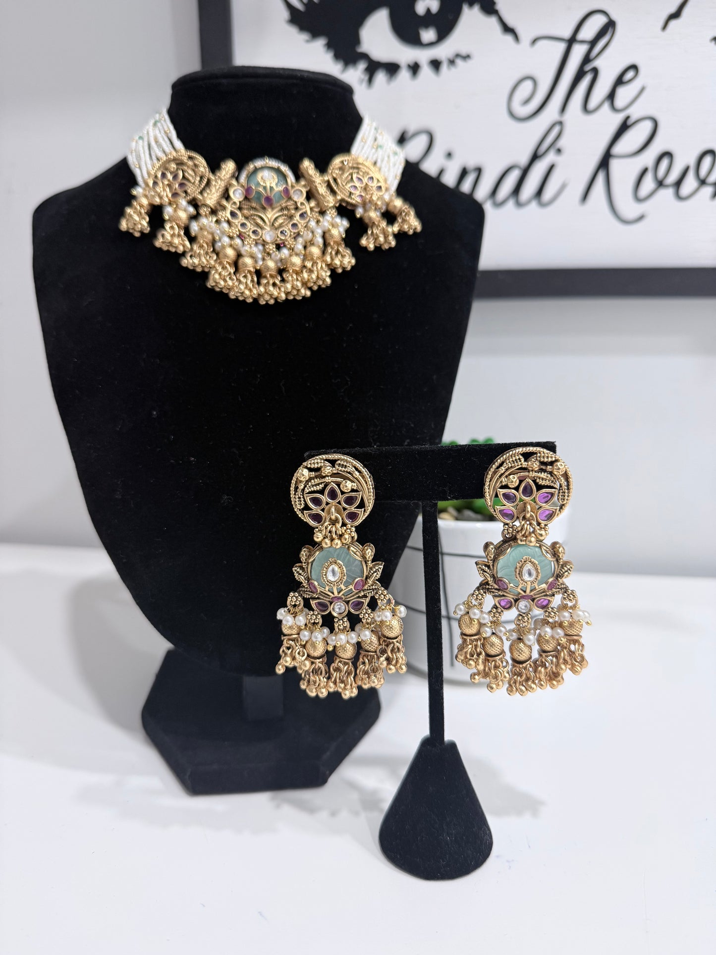 Green & Pink Heritage Set with Earrings