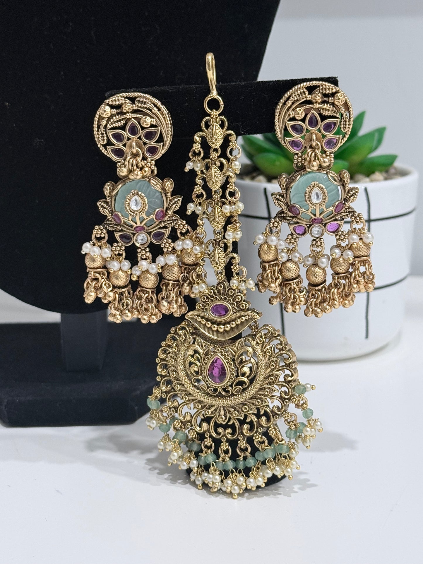 Green & Pink Heritage Set with Earrings